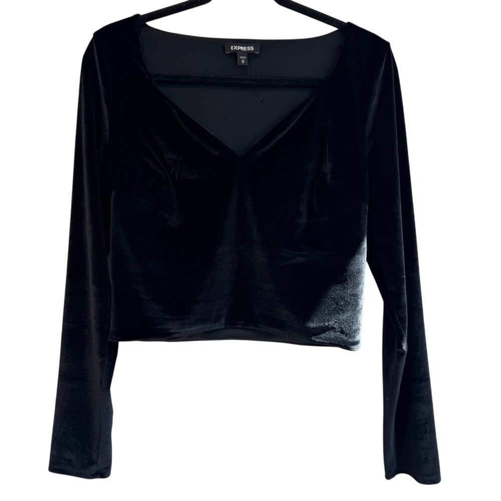 Express Black Velvet‎ Long Sleeve Cropped Top Sweetheart Neckline Womens M